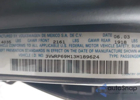 2003 Volkswagen Jetta Gl Tdi from USA, damaged, VIN 3VWRP69M13M189624